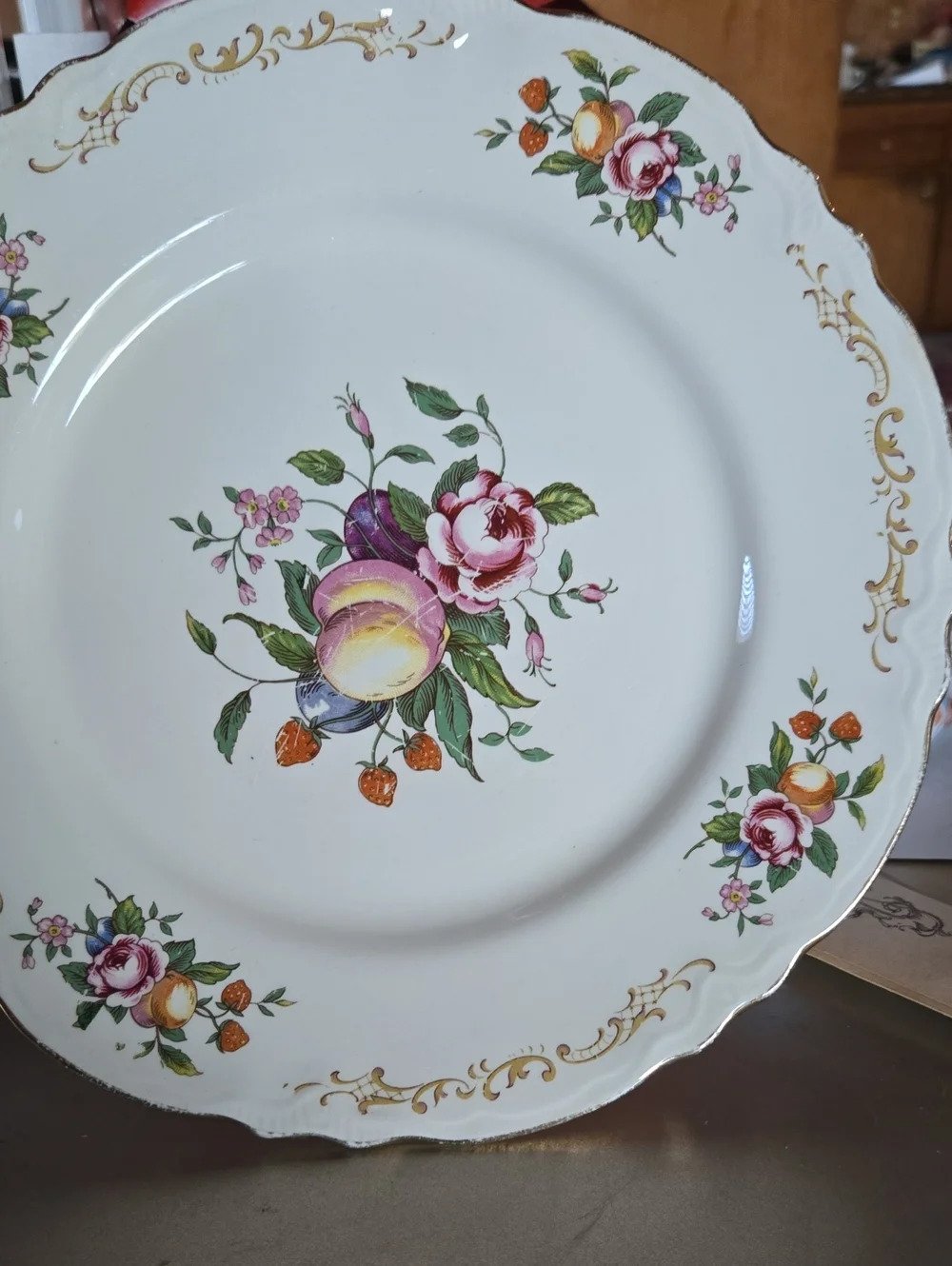 Homer Laughlin Porcelain Plate with Pink Roses, Green Leaves & Gold Scroll